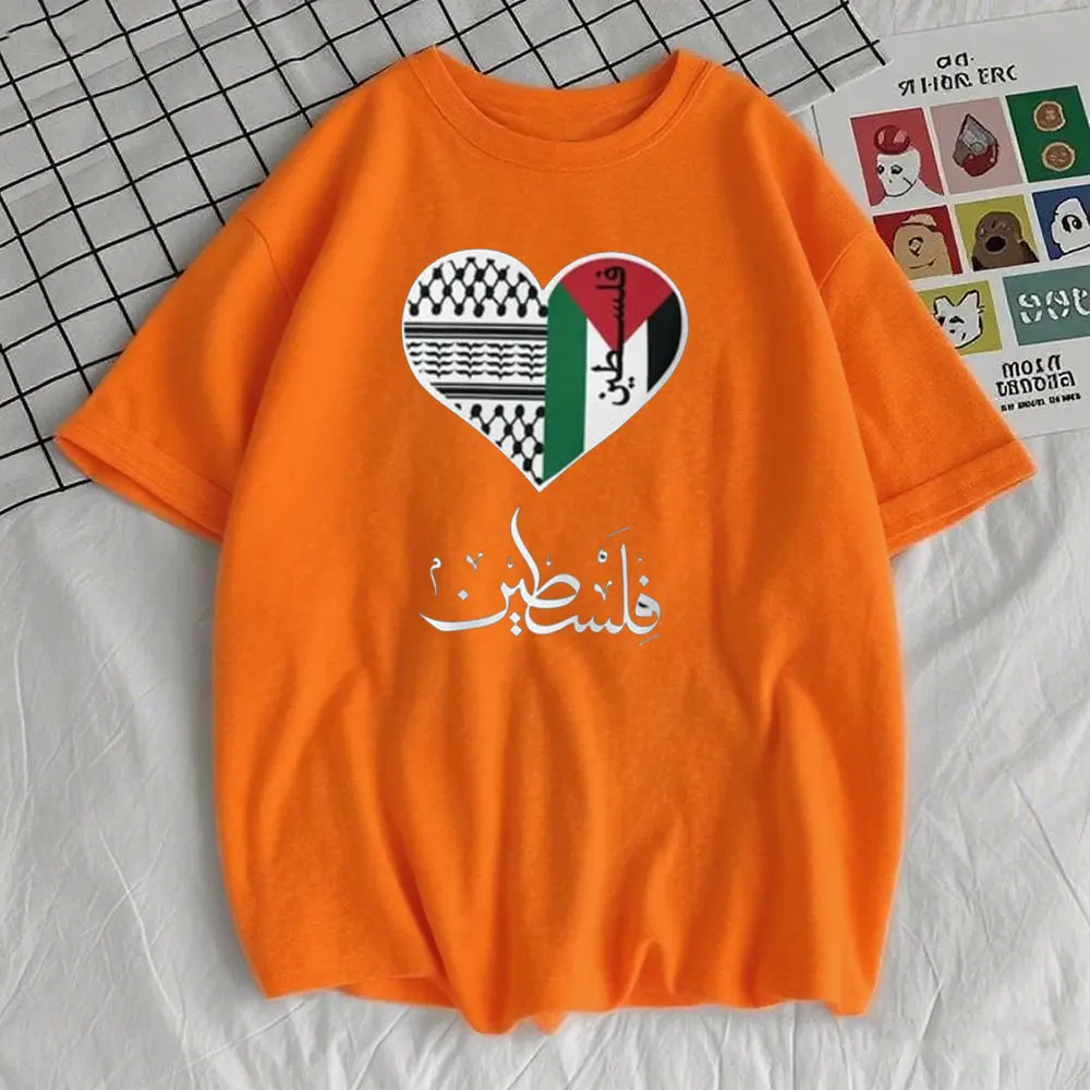 تي شيرت البطيخ على شكل قلب فلسطيني مكتوب باللغة الإنجليزية والعربية حامل لهدايا التضامن غزالا قميص نسائي برقبة دائرية