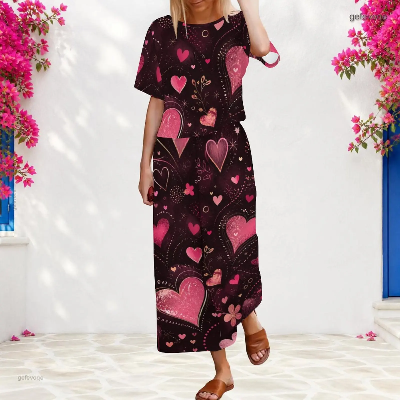 Women 2 Piece Outfit Round Neck Short Sleeve Top With Elastic Waist Wide Leg Pants Set Custom Print Ladies Casual Loungewear