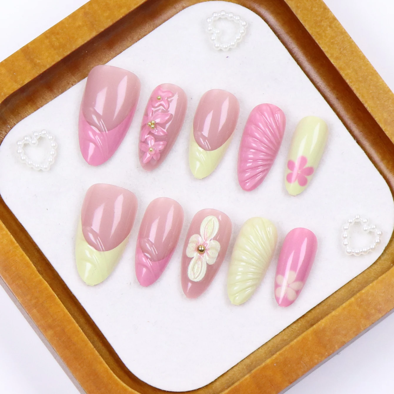 10PCS Almond Nail, Medium Length 3D Fake Nail Design, French Pointed Nail, Acrylic, Acrylic, Fully Covered Nail