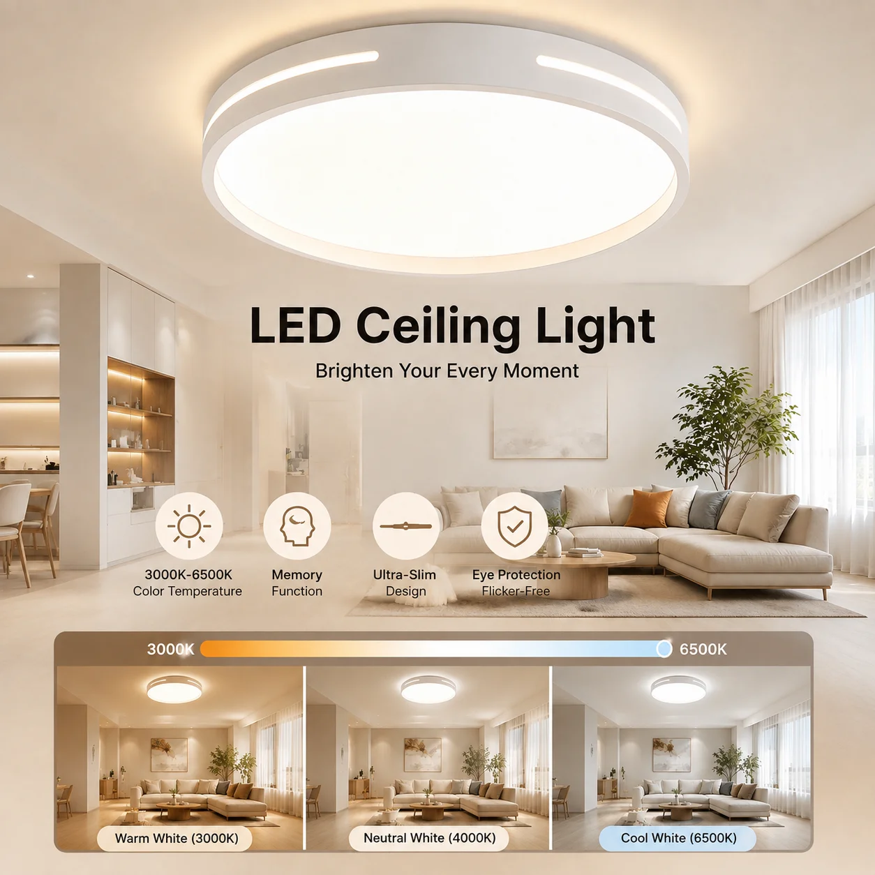 220V LED Ceiling Light Memory Function 3 Colors Bedroom Lamp 30/40W Indoor Panel Lighting for Living Room Kitchen Ceiling Lamp