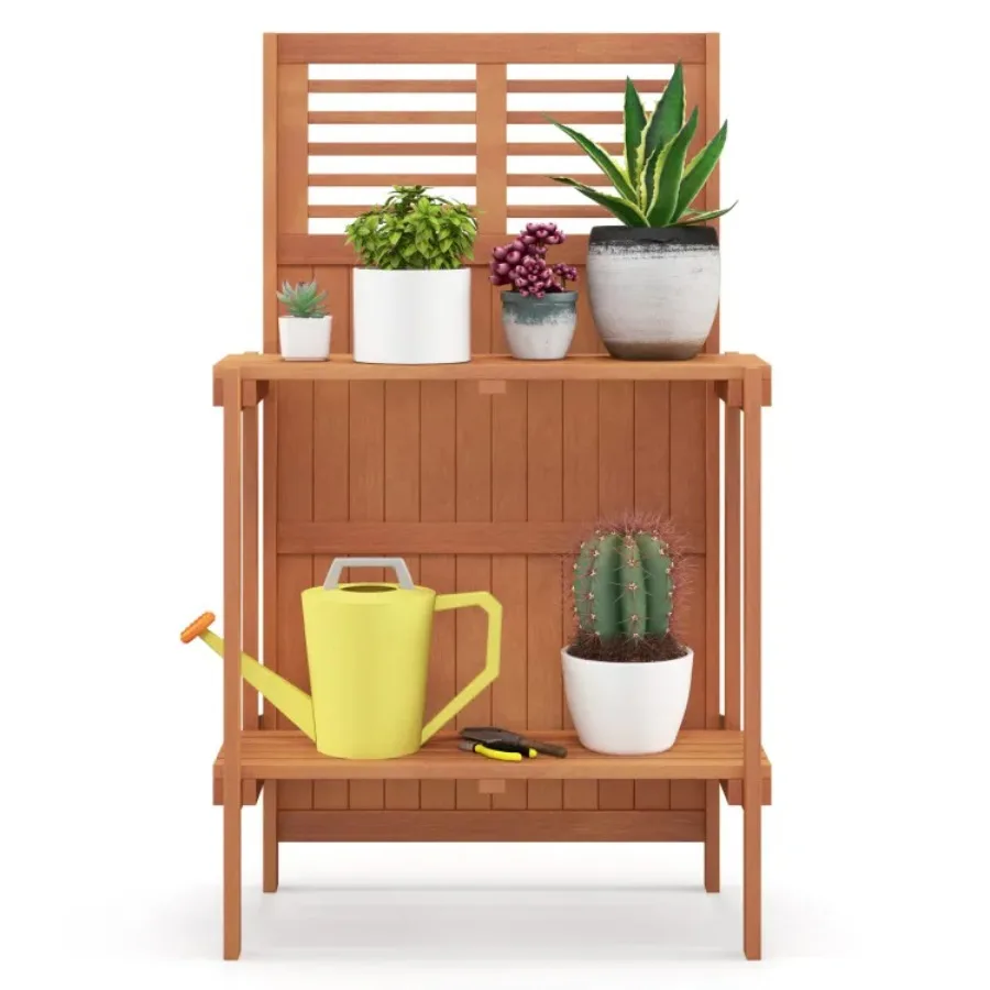 

Folding Garden Potting Bench with 2-tier Storage Shelves and Teak Oil Finish for Garden Yard Balcony