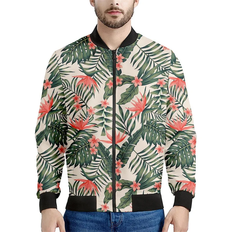 Blossom Tropical Leaves Pattern Jacket Men 3d Printed Plants Zipper Coat Casual Spring Autumn Zip Up Jackets Bomber Sweatshirt