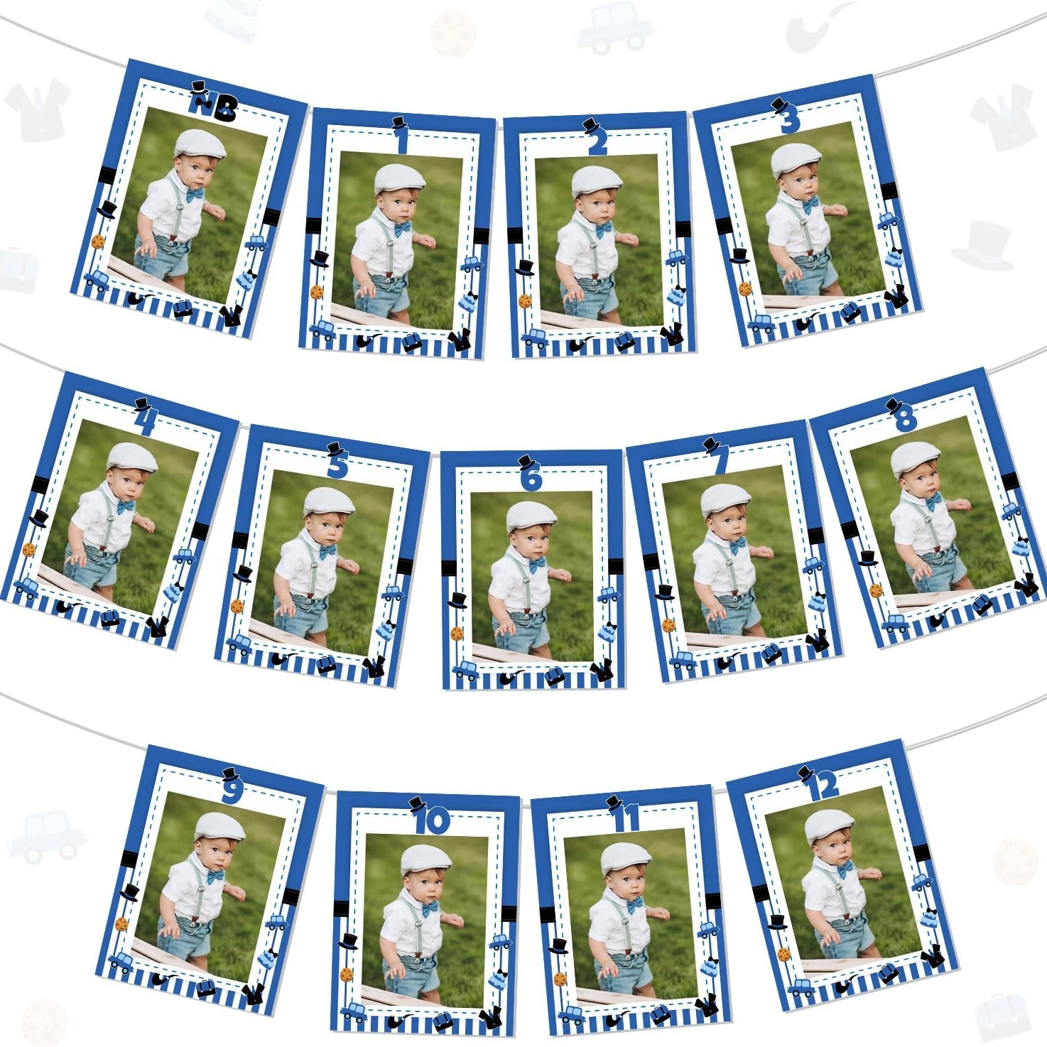 Cheereveal 13Pcs Boss Theme Photo Banner Blue Black Monthly Photo Photograph  From Newborn  First Birthday Party Decor Supplie