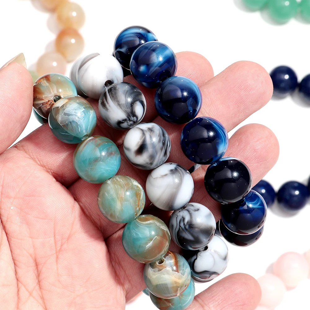 Böhmische Acryl-Armbänder mit bunten, marmorierten, elastischen, runden Perlen, trendige, geometrische, stapelbare Armreifen, Schmuck für Damen – Detail 4