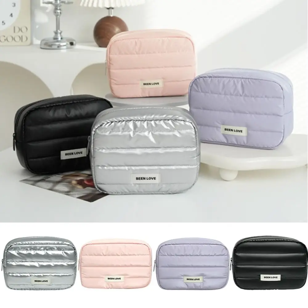 Fashion Down Puffy Makeup Bag Large Capacity Solid Color Travel Quilted Toiletry Bag Fluffy Zipper Skincare Storage Bag