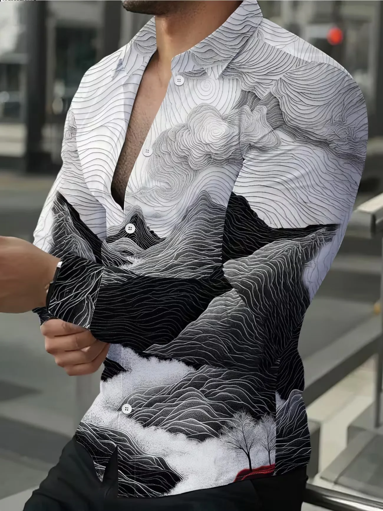 New Technology Wave Texture 3D Printed Shirt Men's Flip Collar Single breasted Personalized Top Clothing