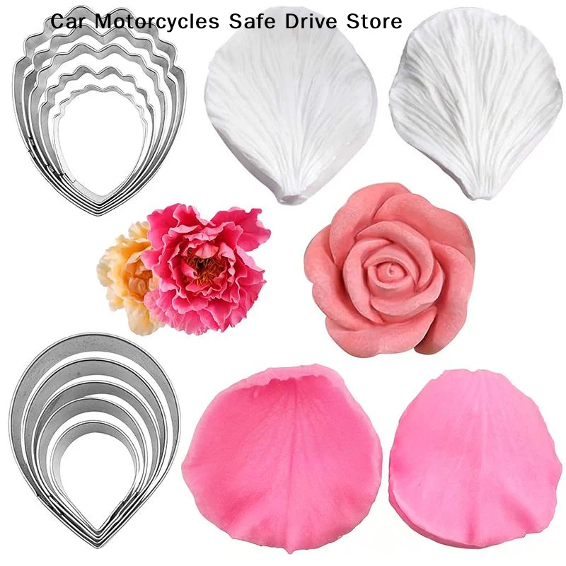 【M】5/7Pcs Peony Petal Veiner Silicone Mold Stainless Steel Cutter Mould Handmade DIY Fondant Flower Molds Cake Decorating Tool