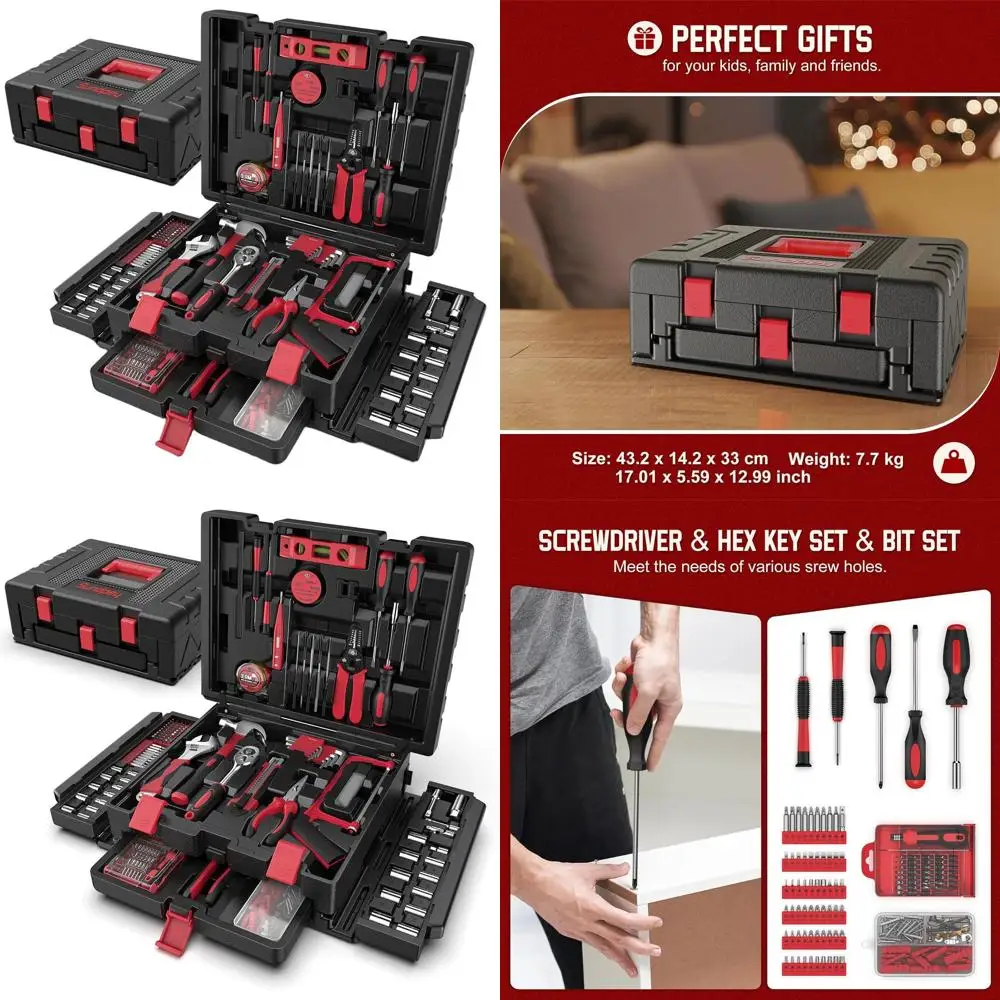 

Portable 379-Piece Home & Auto Repair Tool Kit with Drawer - Comprehensive Handyman Toolbox Set in Red