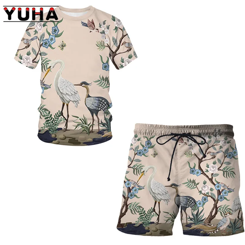 Yuha verão terno 3d flor, pássaro e planta ilustração camiseta shorts hip hop homem/mulher topos roupas crianças manga curta