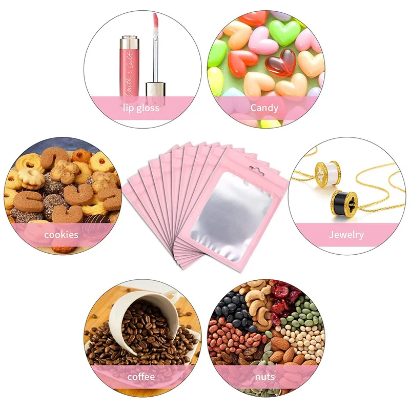 1000Pcs Pink Mylar Ziplock Bags Smell Proof Holographic Packaging Pouch Flat Cute Bags with Window for Food Storage Lip Gloss