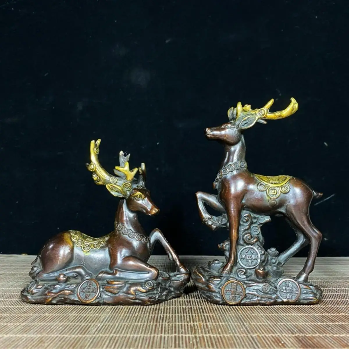 

collectible bronze engraving fengshui wealth fortune a pair sika deer statue