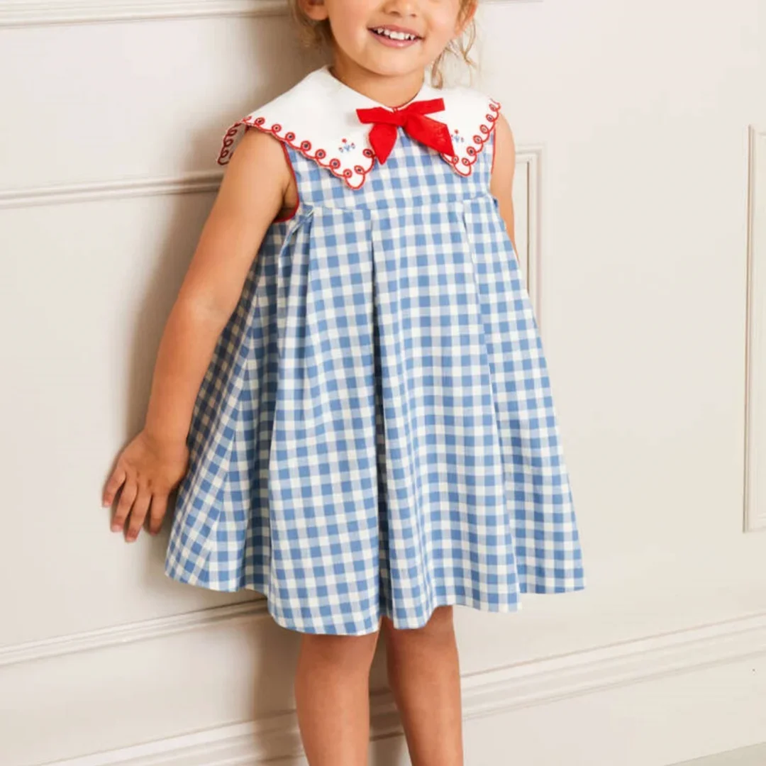 

Luxury Boutique Embroidered Gingham Check Print Cotton Sleeveless Toddler Girl Dress Children Frocks Kids Clothes for Baby Girls