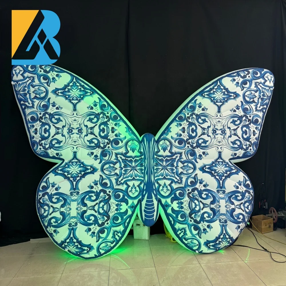 Diseño de mariposa inflable gigante personalizado para decoración de escenario de boda, juguete de alquiler