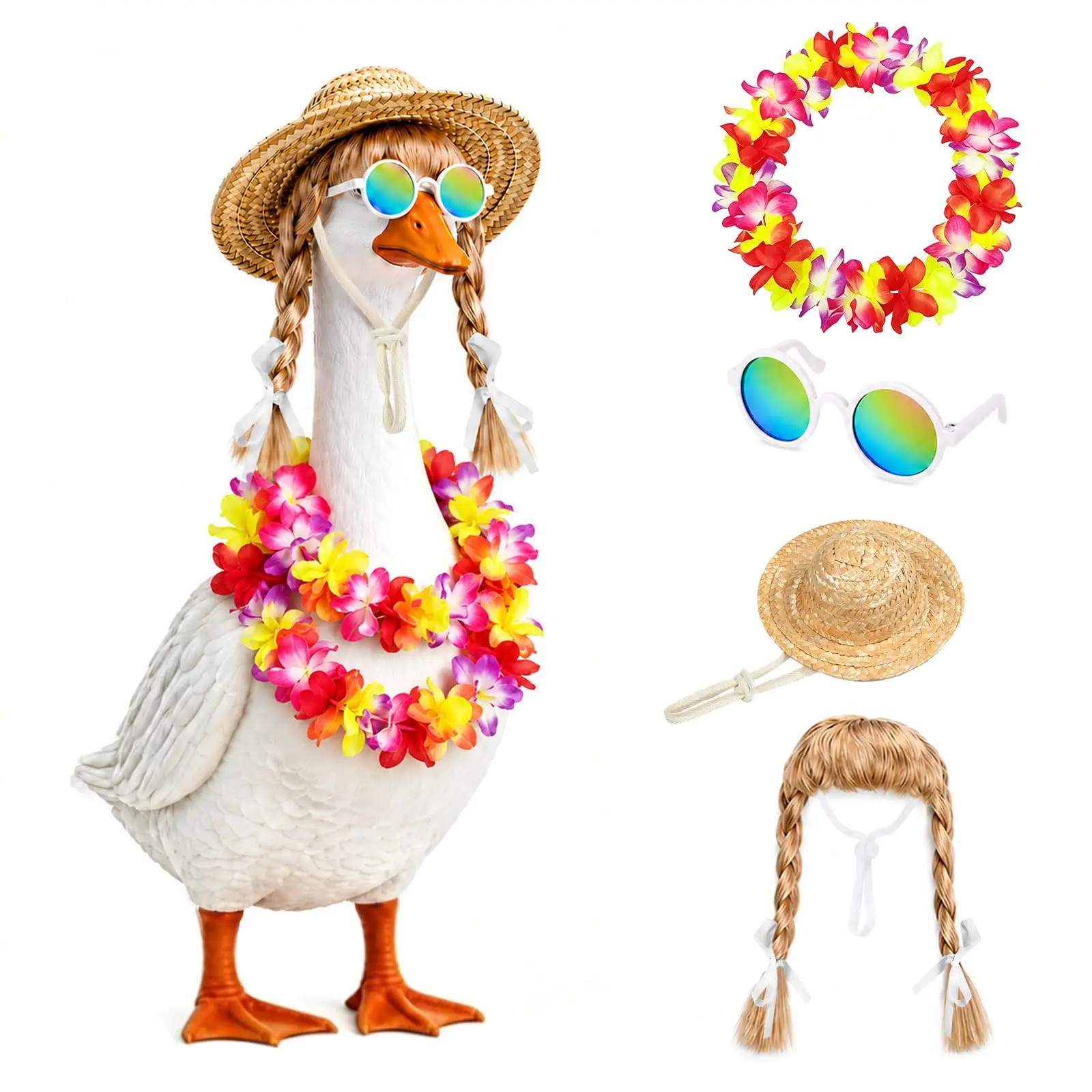 Goose Statue Costume for Garden Patio Porch with Hairpiece Straw Hat Reflective Sunglasses and Flower Lei Tropical Theme