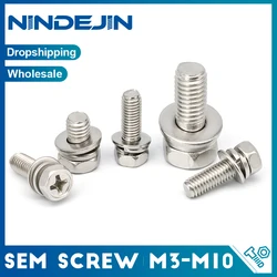 NINDEJIN 5-30pcs Sems Screw Phillips Hex Head Screw with Washer Three M4 M5 M6 M8 Stainless Steel Metric Three Combination Screw