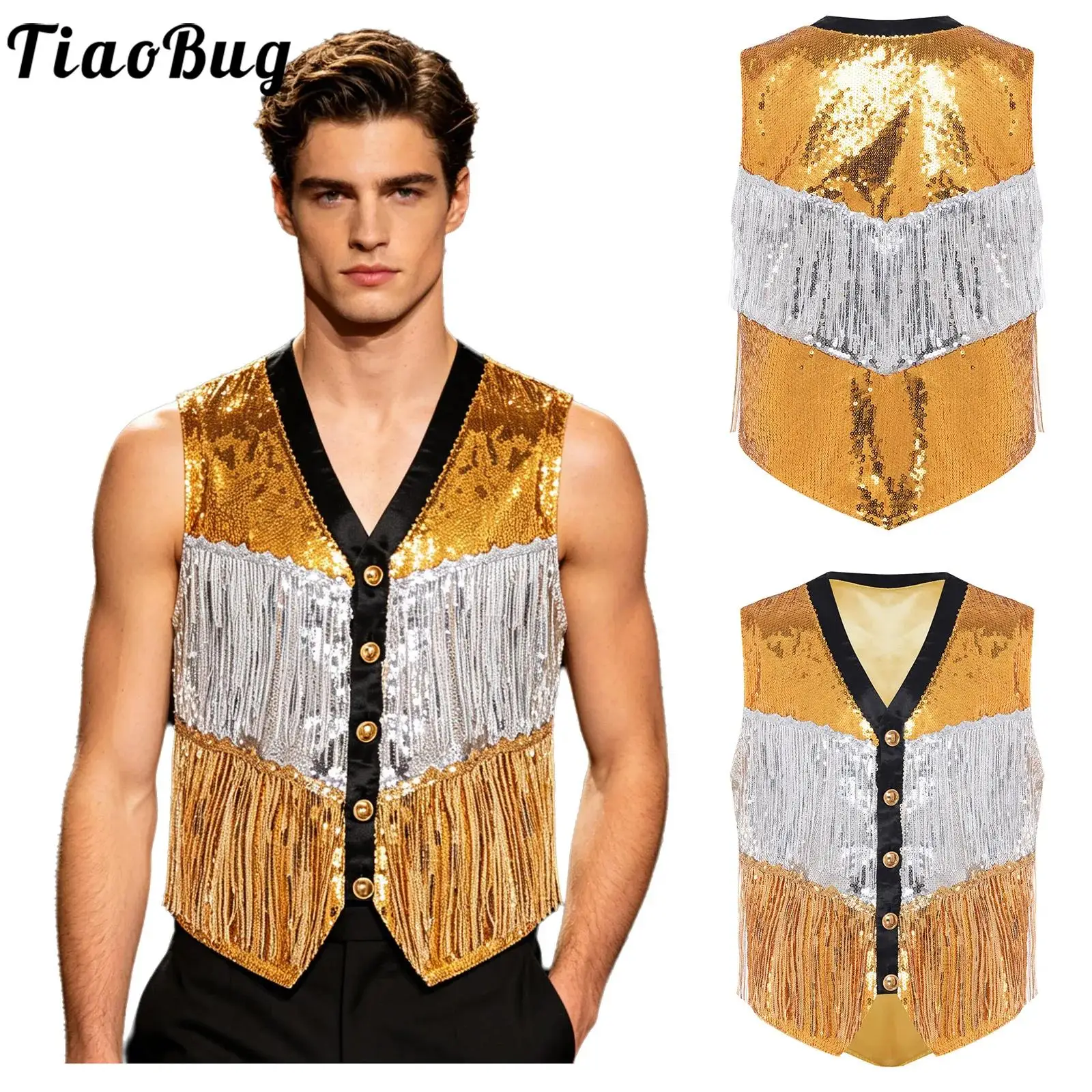 

Men Glitter Fringed Sequin Tiered Tassel Vest for Disco Jazz Tango Tap Dancewear Sleeveless Waistcoat Tank Top for Dancing Party