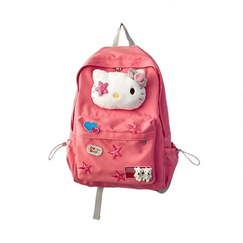 

MINISO Nylon Cute Backpack for Women Girl Kawaii Hello Kitty Student School Bag Large Capacity Durable Cartoon