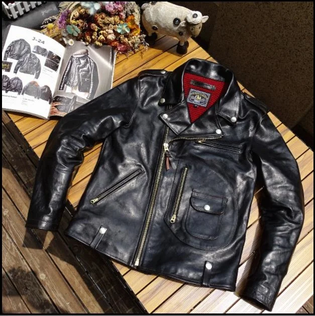 Rider Classic Free shipping.Retro Genuine leather jacket.Cool J24 Italy tanned horsehide coat.Tea core leather cloth.Hot.