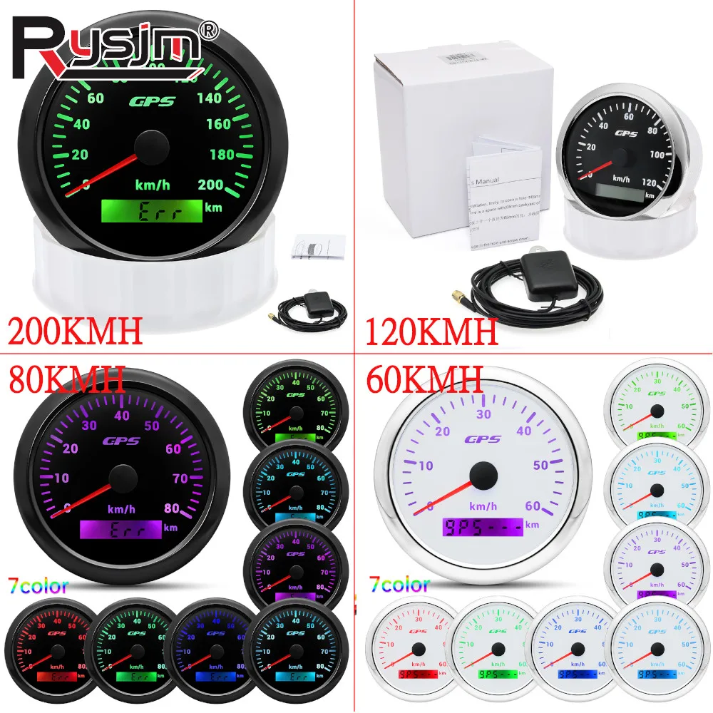 

7-цветный светодиодный GPS-спидометр 85 мм (30-200 км/ч) с GPS-антенной для мотоциклов, автомобилей, лодок (120 км/ч, 60 км/ч, 80 км/ч)