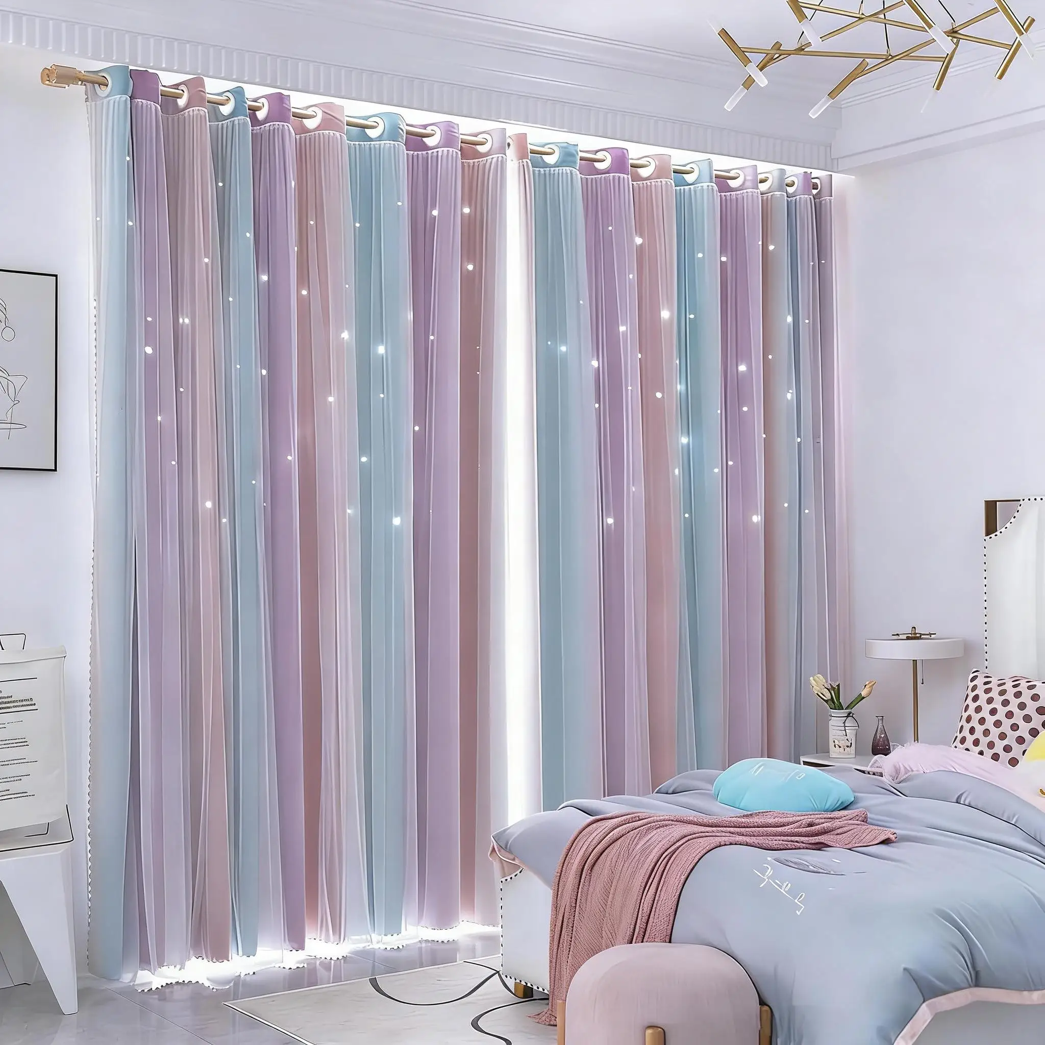 Verdunkelungsvorhänge mit ausgehöhltem Stern in Regenbogenfarben für Mädchen, Kinderzimmer, Schlafzimmer und Wohnzimmer, doppellagiges Fenster, niedliche Ösenvorhänge