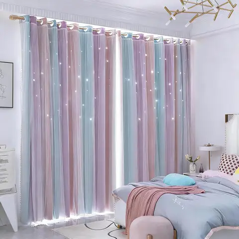 Cortinas blackout de estrela vazada de arco-íris para meninas, berçário de crianças, quarto e sala de estar, janela de camada dupla, cortinas fofas com ilhós