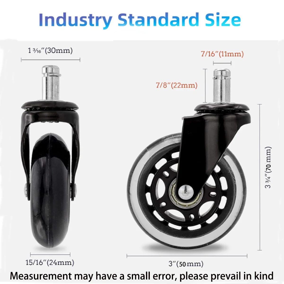 Office Rubber Chair Casters Replacement, 3 Inch Heavy-Duty Computer Gaming Desk Caster Wheels Smooth & Safe Rolling For