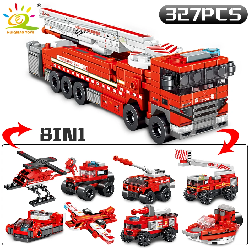 HUIQIBAO 327pcs 8in1 Fire Ladder Truck Building Blocks Firefighting Set Fireman Figure Bricks City Construction Toy for Children