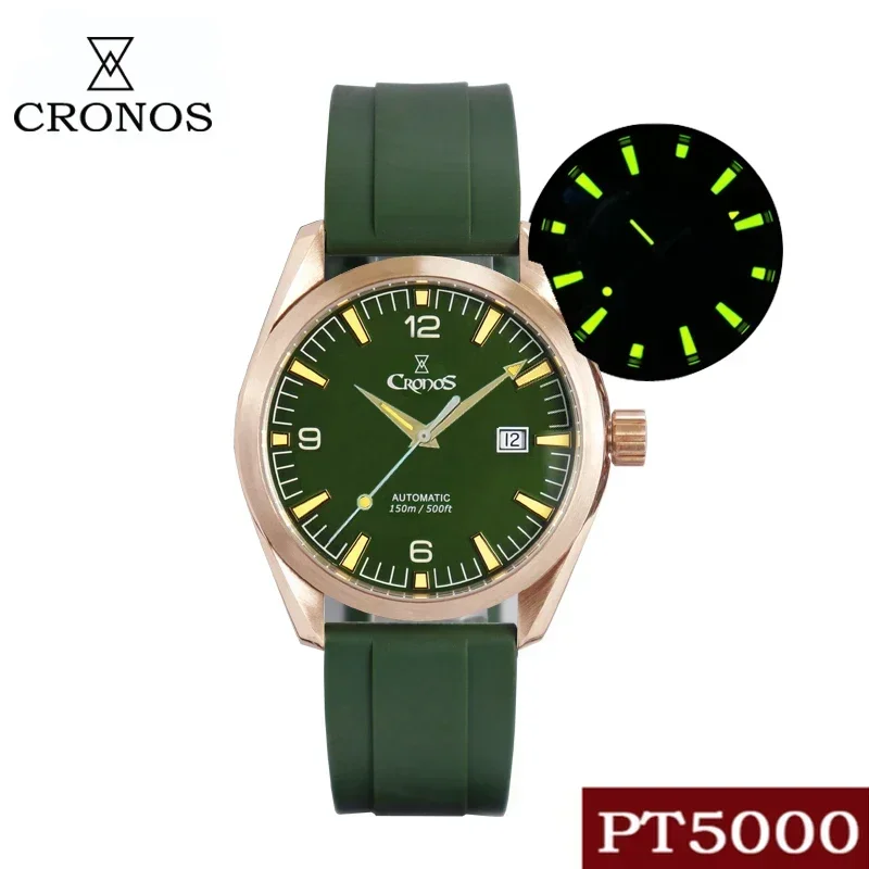 Cronos Diver Men Watch Bronze CuSn8 Automatic PT5000 SW200 Sapphire Crystal See through Back Leather Strap 20ATM DATE L6003