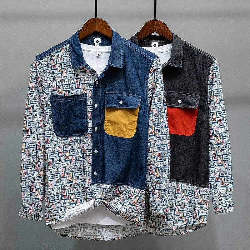 

Spring and Autumn Streetwear Shirt Men Y2k Color Matching Pocket Cowboy Handsome Leisure Long Sleeves Printing Coat Fashion