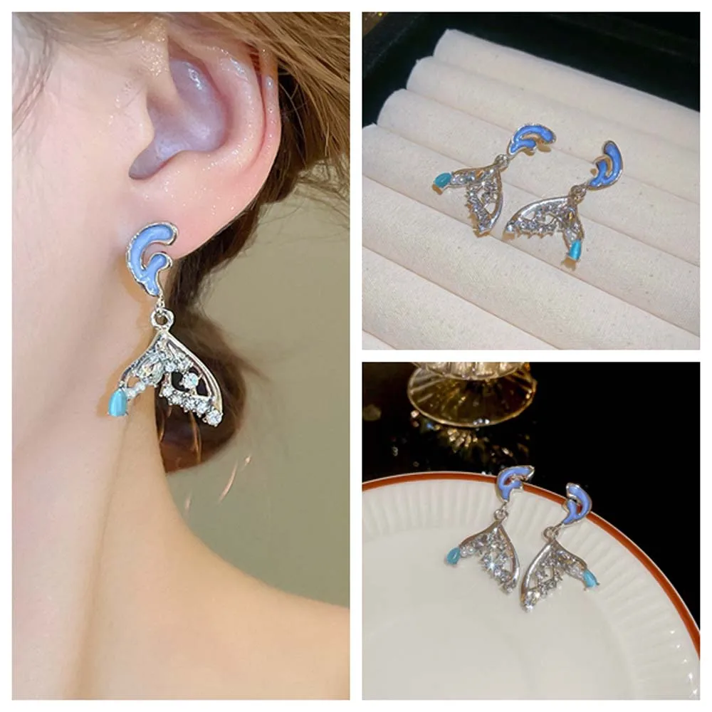 Blue Color Ocean Fishtail Studs Earrings Dangle Earrings Ear Accessories Ocean Mermaid Eardrop Rhinestone Princess