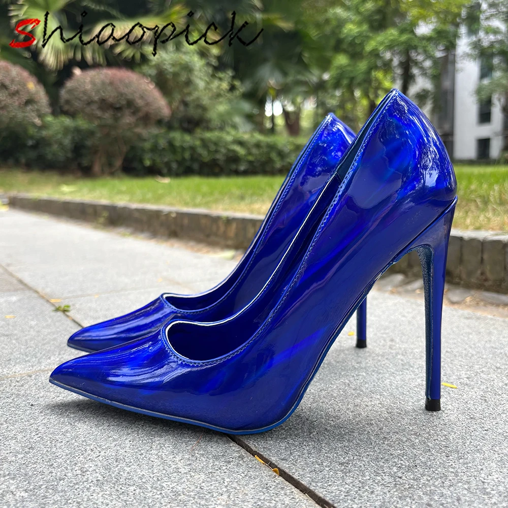 

Women Sexy 12cm Super Pumps Shiny All Dark Blue Stilettos Comfortable Thin High Heels Slio on Party OL Club Ladies Dress Shoes