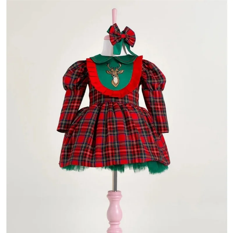 Autumn Baby Girl Red Plaid Long Sleeve Dress Deer Embroidery With Hair Bow for Christmas New Year Holiday Party Photography C389