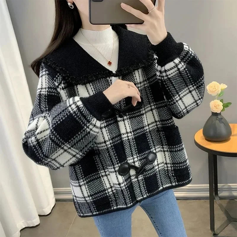 2024 New Autumn Winter Woolen Coat Woman Short Small Fragrant Plaid Cardigan Double-sided Woolen Coat With Horn Buckle Outside