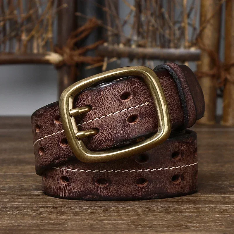 

3.8cm Pure Cowskin Genuine Leather Belt Men Copper Double Needle Pin Buckle High Quality Luxury Male Strap Jeans Military Belt