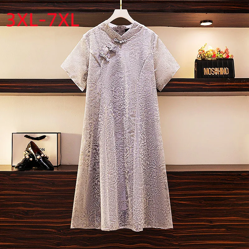 Novo 2022 verão vestido de tamanho grande para mulher cheongsam solto manga curta cinza chinês midi vestido 3xl 4xl 5xl 6xl 7xl