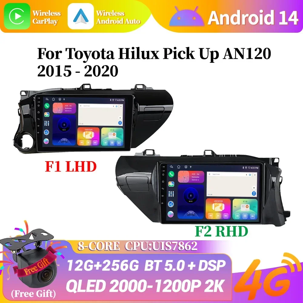 

Car Radio Navigation 2DIN Android 14 Wireless Carplay GPS WIFI Multimedia Stereo Screen For Toyota Hilux Pick Up AN120 2015-2020