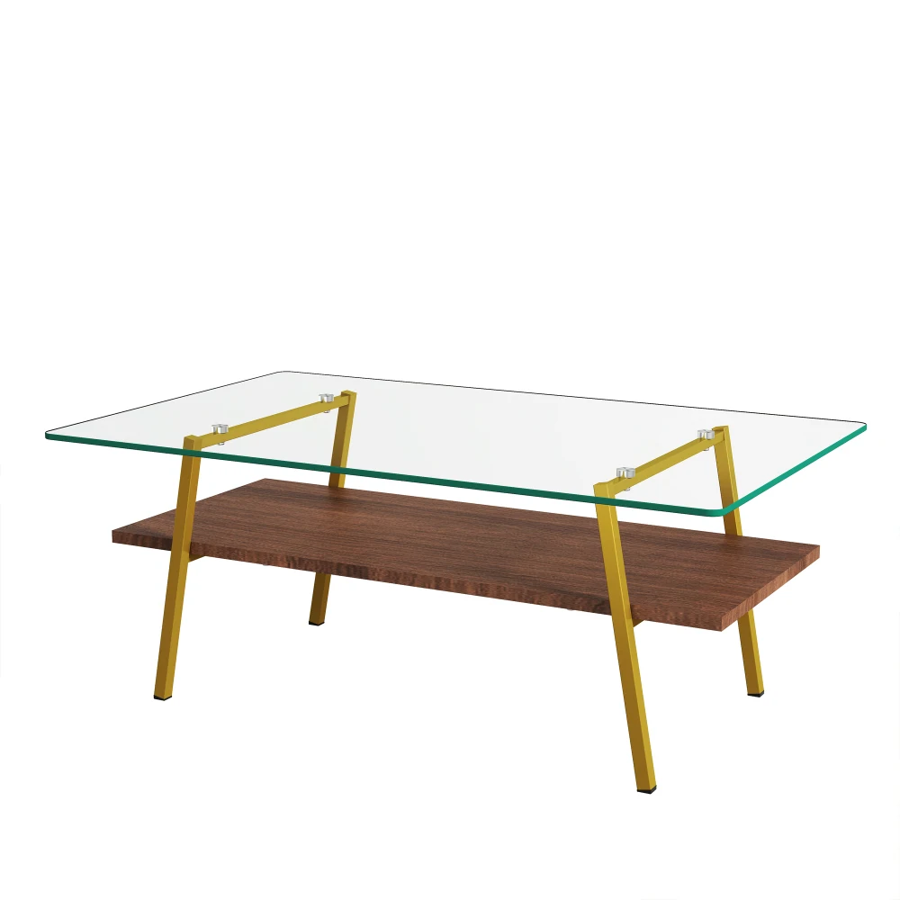 Rectangle Coffee Table Tempered Glass Tabletop with Gold Metal Legs Modern Table for Living Room Transparent Glass