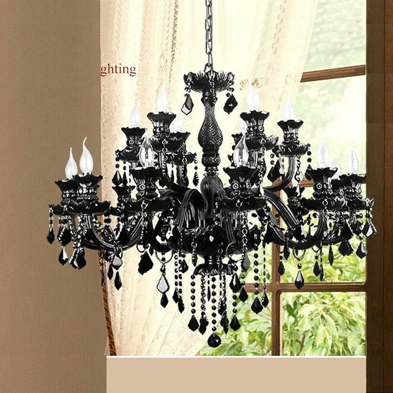 Retro Cafe Bar Black chandelier crystal pendant hanging light 15 Arms cristal lustres led luminaria hotel Living room black lamp