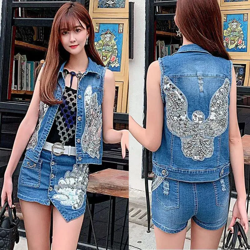 Women Summer Fashion Denim Set 2024 Female New Korean Sequin Phoenix Standing Collar Vest Short Skirt Pants Two-piece Set