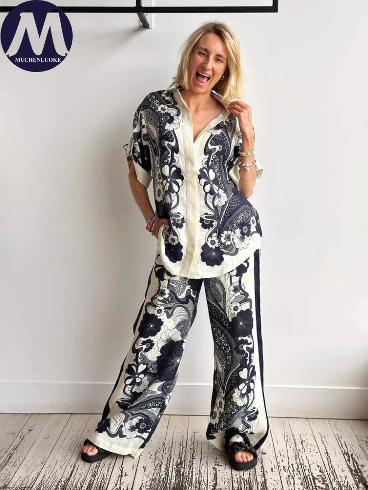 

Женский комплект из 2 предметов, летние новые универсальные рубашки с короткими рукавами и принтом, топы, костюмы, модные повседневные свободные комплекты с широкими брюками