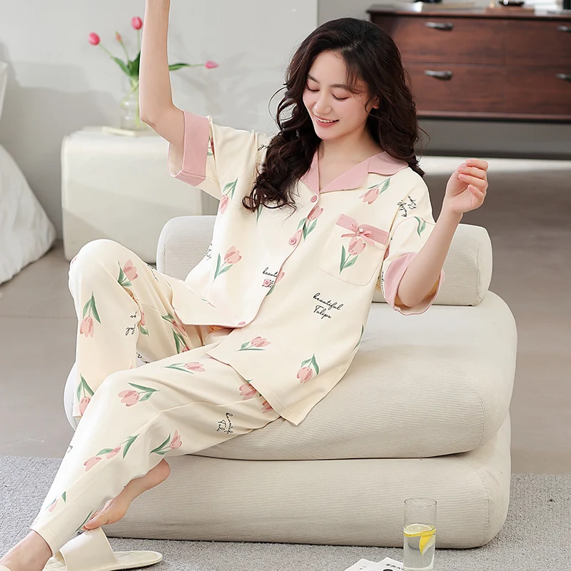 Summer soft cotton women's home wear short sleeved long pants with cute print women's pajamas sets lapel cardigan pyjamas female