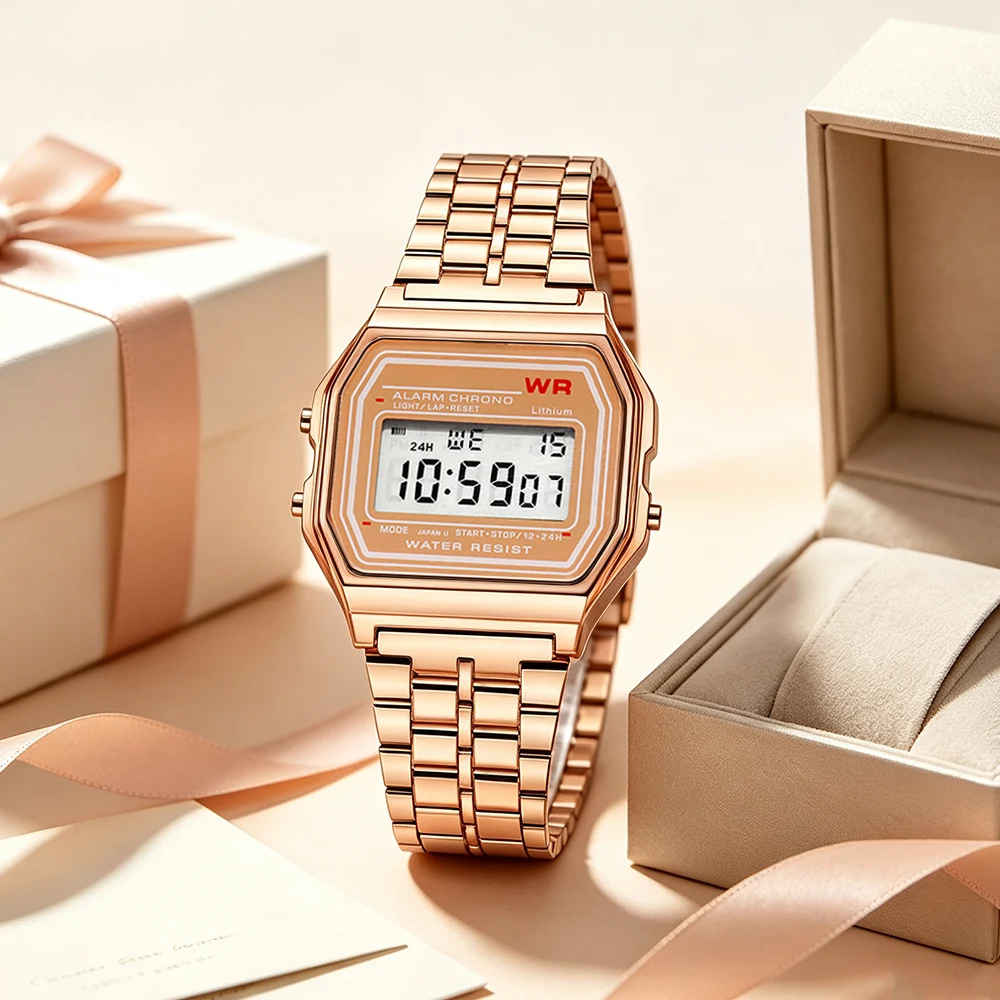 Luxury Rose Gold Metal Women Watches Men Business Casual Square Digital Multi-Function Wristwatch Ladies Retro Style Clock