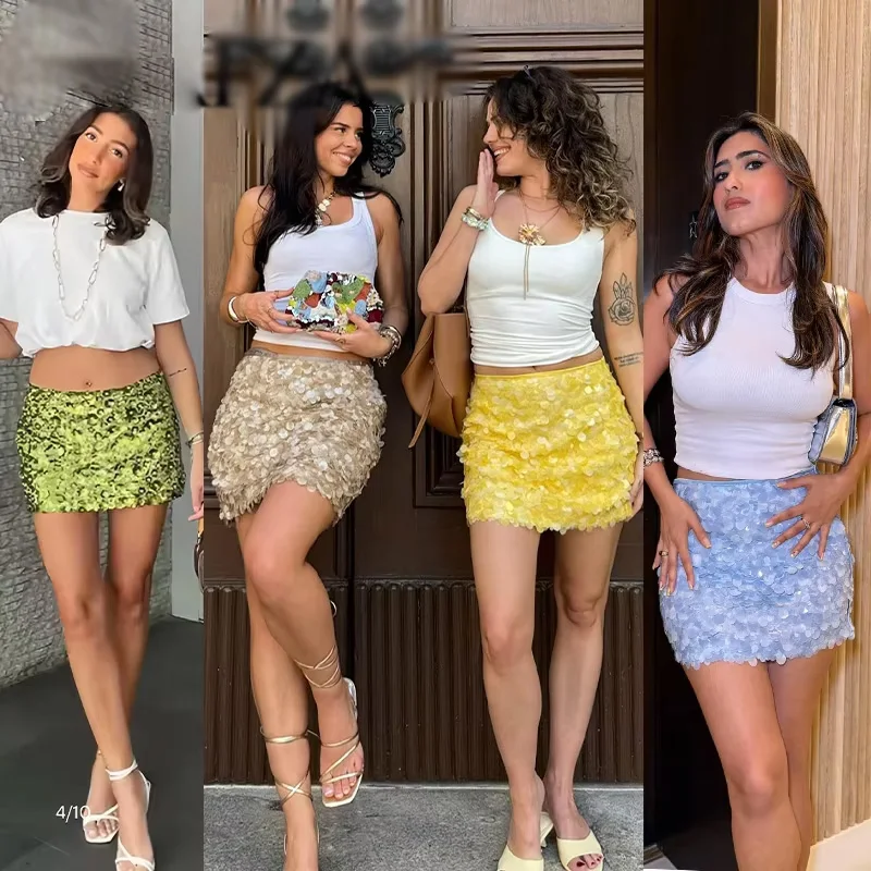 

2025 Women Green Multicolor Solid Sequins Slim Mini Skirt Double Layer Side Zipper Skirts Mujer Summer Fashion Elegant