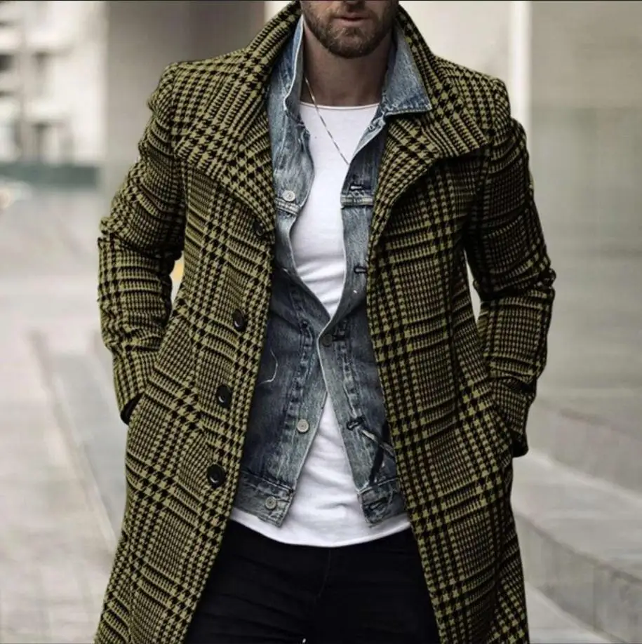 Mens Coat Winter Jacket Men Overcoat Warm Clothes Wool Outwear Long Black White Plaid Blends Cardigan Male Coat Plus Size S-3XL