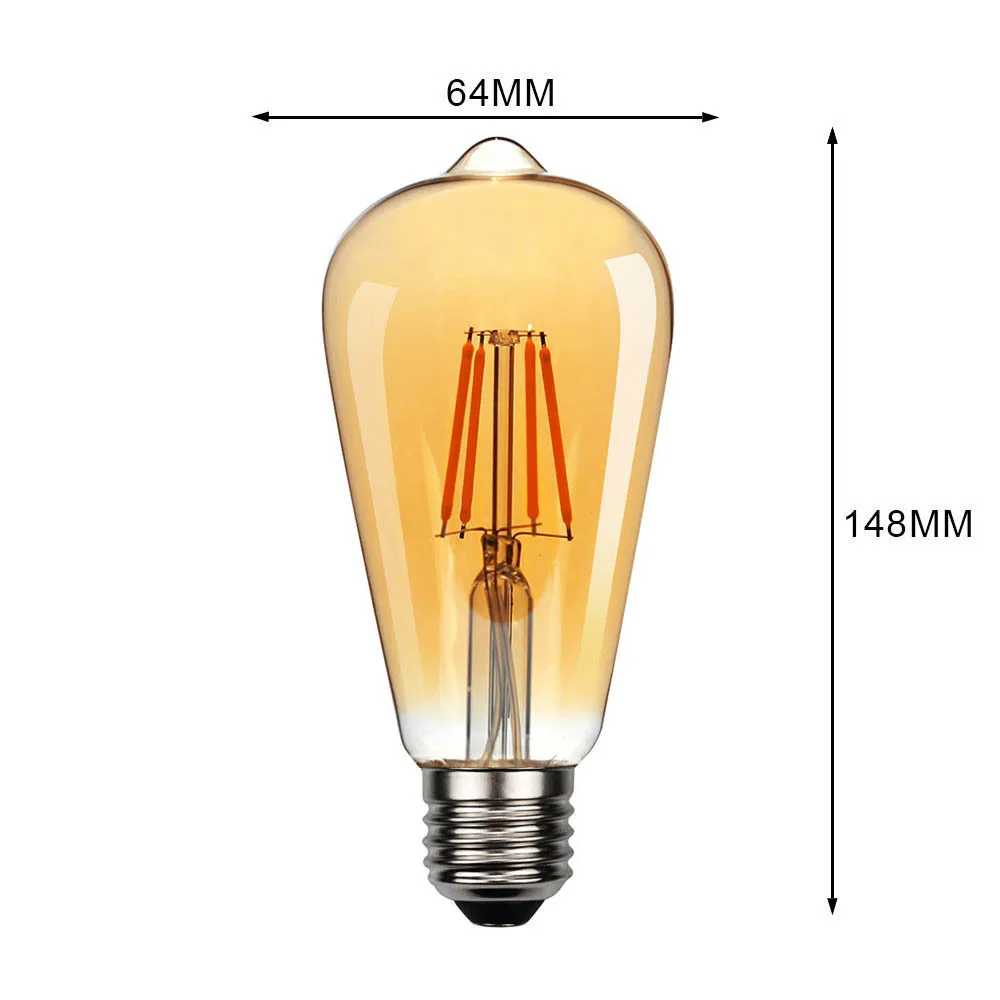 6PCS LED ST64 2W 4W 6W 8W DC 220V 110V Dimmable Gold Filament Bulb E27 B22 Light Vintage Edison Lamp Retro Gold Glass Appearance