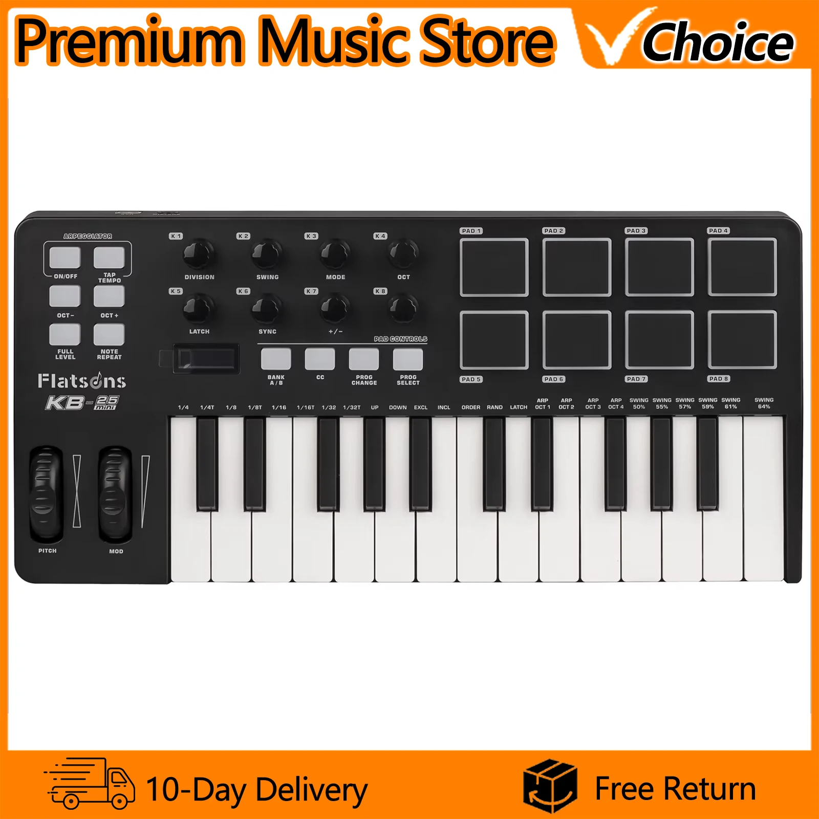 

Flatsons MIDI Controller Keyboard KB-25 Semi Weighted Professional dynamic keybed With 8 Drum Pads 8 Custom Knob Arpeggios