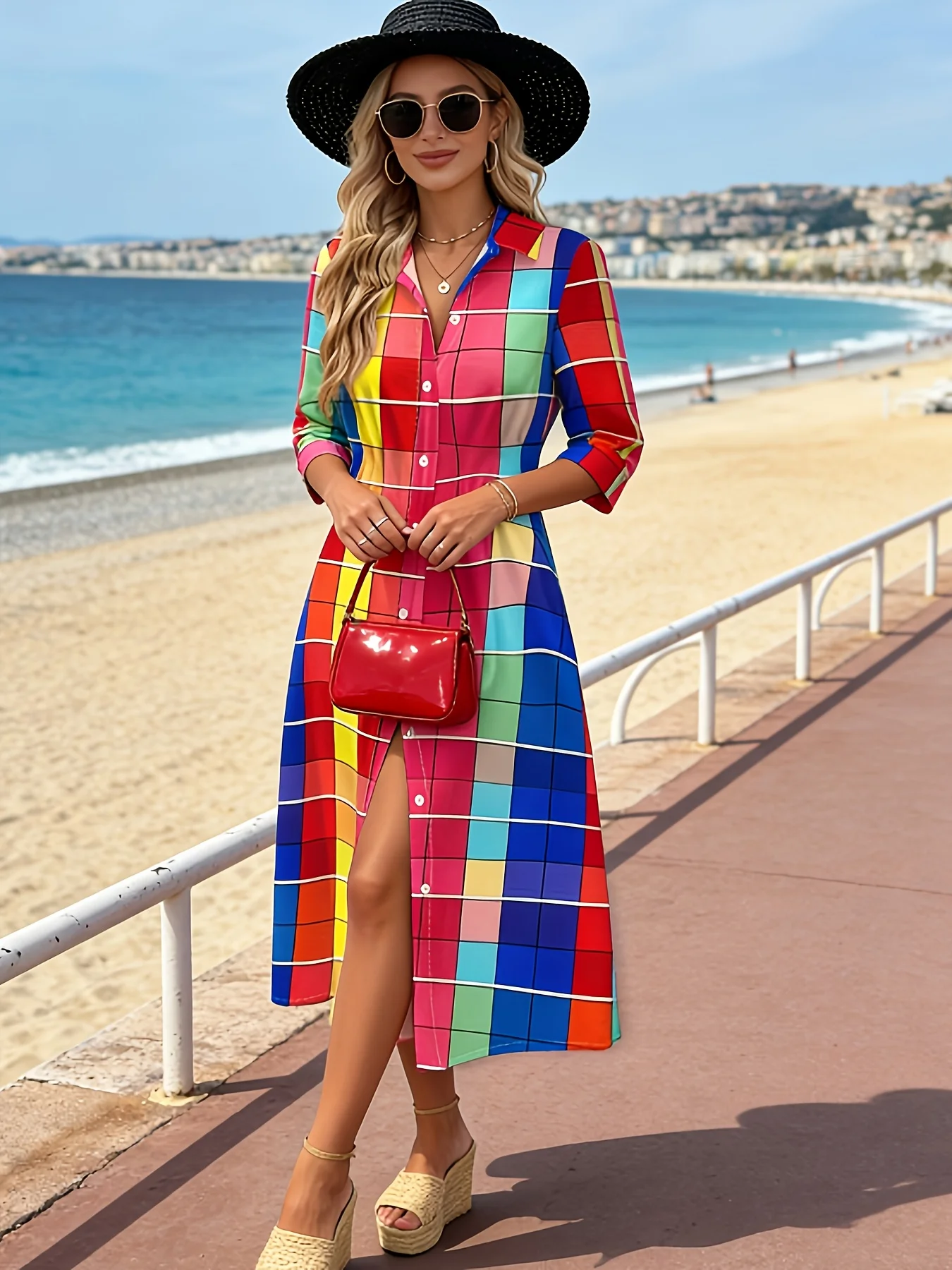 Damen-Hemdkleid mit buntem Karomuster, Knopfleiste, halblangen Ärmeln und Schlitz, Midi-Länge