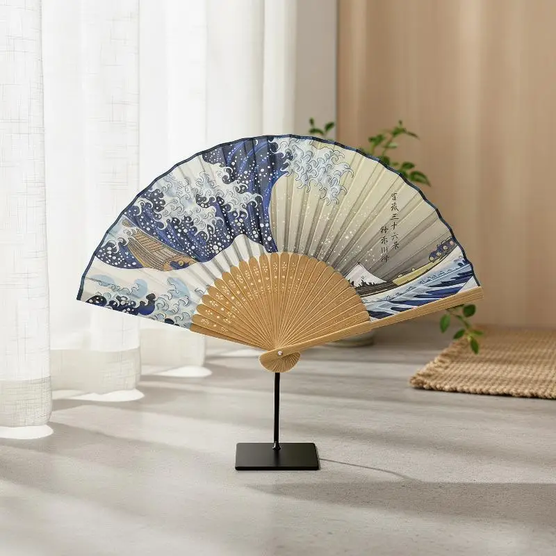 Lightweight Japanese Bamboo Folding Fan Wave Sashimi Print Handheld Cooling Tool for Camping Hiking Outdoor Travel