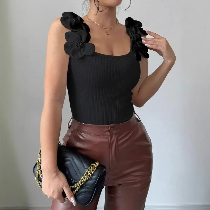 Summer Lady Zircon Flower Decor Slim Pit Knitted Tank Camis Tops Lady Ruffle Y2k Slim Vests