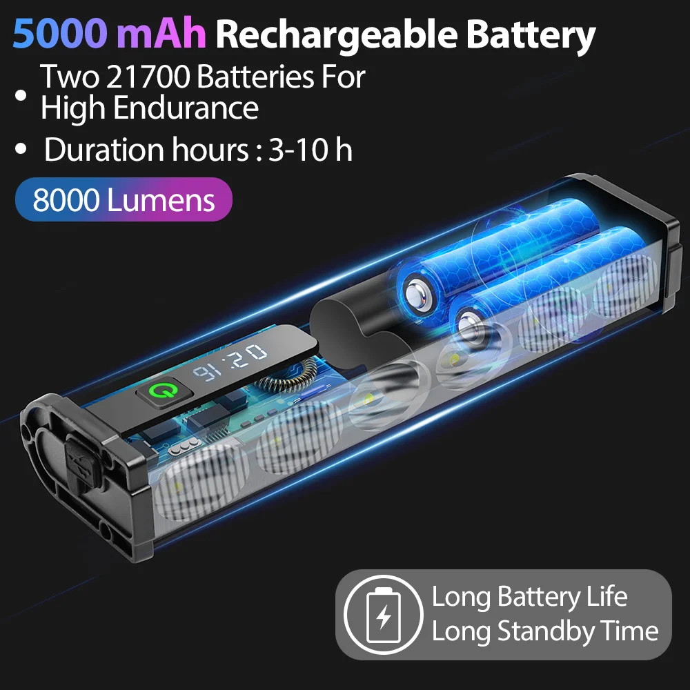 자전거 라이트 전면 8000 루멘 자전거 라이트, 5000mAh 방수 손전등, USB 충전, MTB 도로 사이클링 램프 액세서리